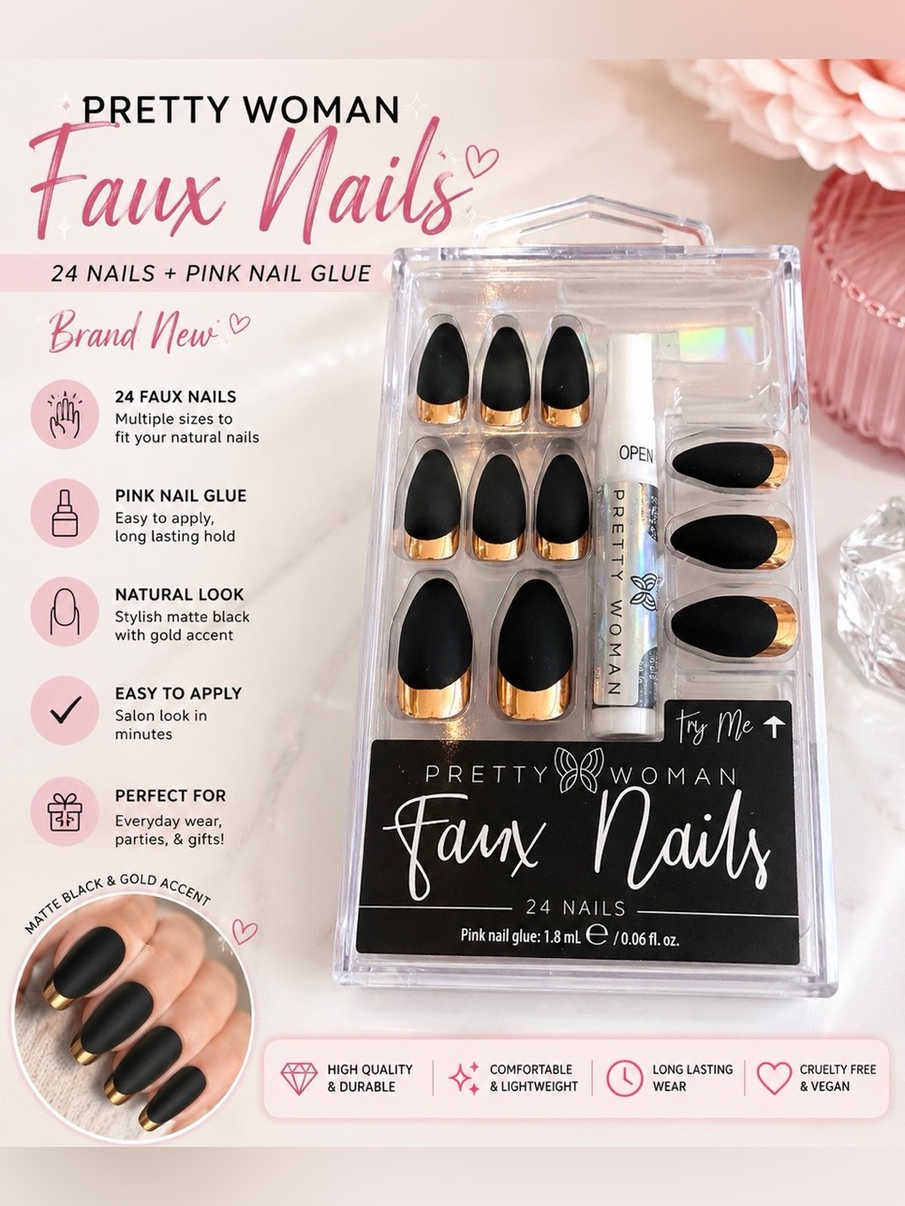 Pretty Woman Matte Black & Gold Accent Faux Nails – 24 Piece Press On Nail Set